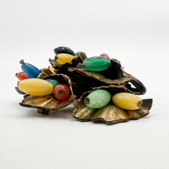 Czech Floral Bouquet Brooch c 20s Vtg Miriam Haskell Style Uranium Glass Beads - Picture 8 of 13